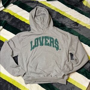 Love Heather Gray Hoodie with Forest Green Print Size S